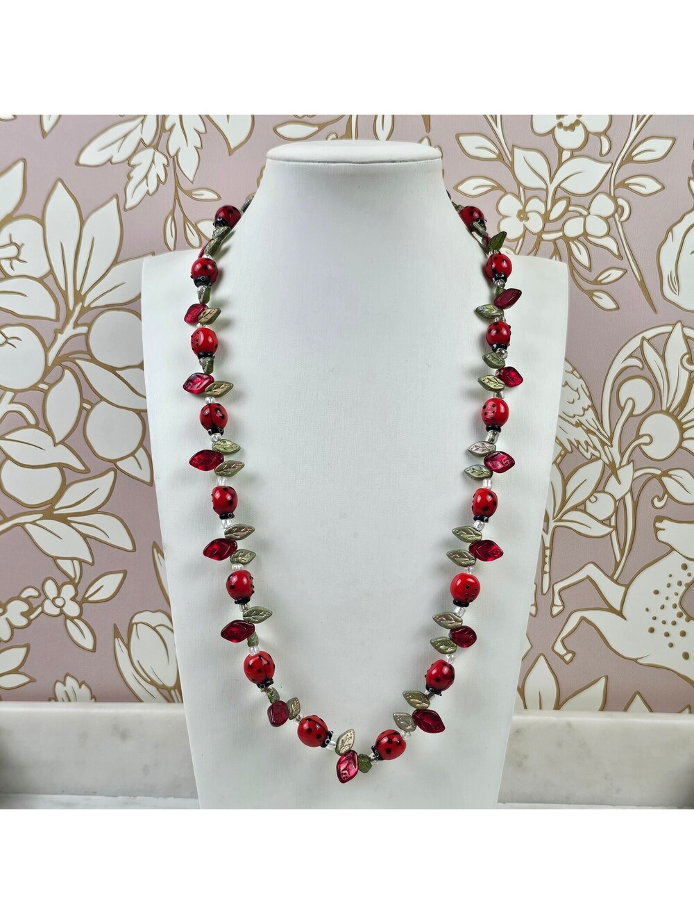 Vintage Style Glass Ladybug Necklace Red Green Leaf Beads 22 Inch Toggle Clasp